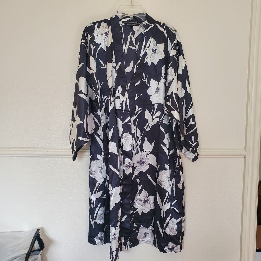 Alexander Del Rossa Womens Black White Floral Satin Robe Kimono Size Medium